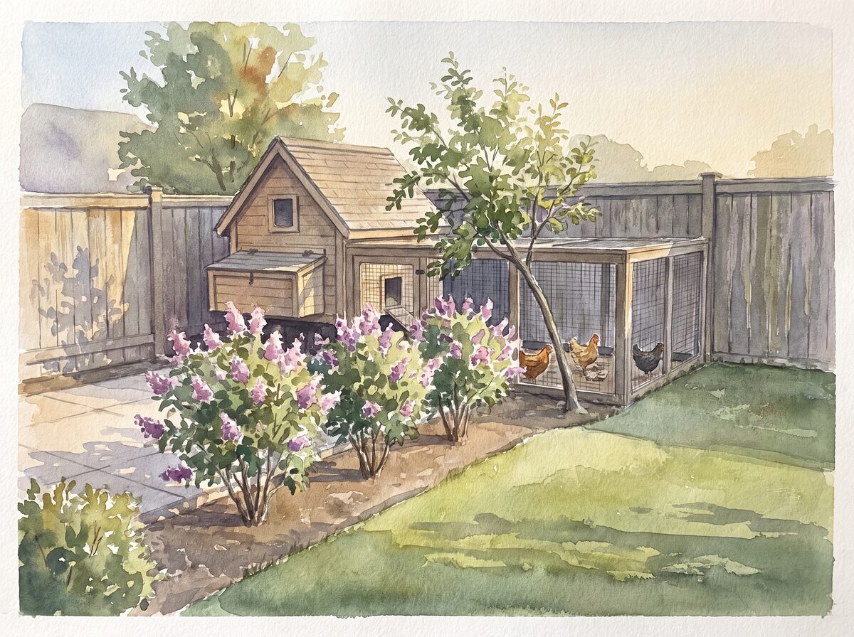 Watercolor of chicken coop garden