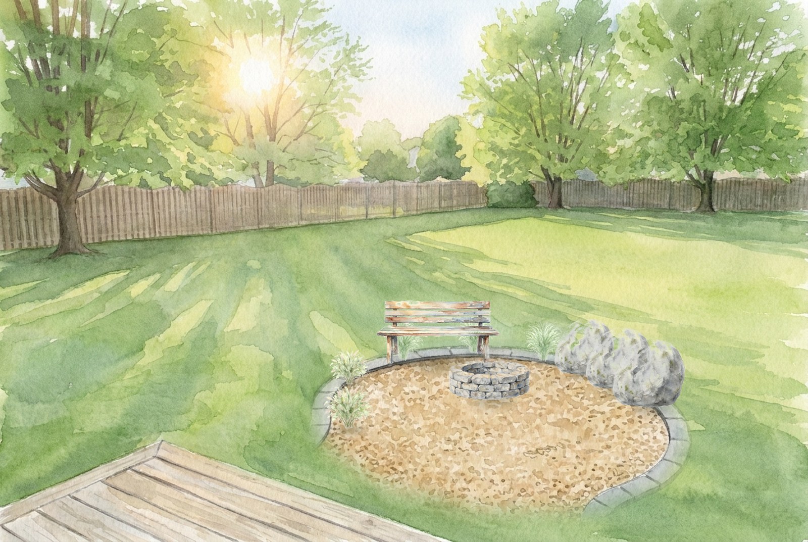 The sample fire pit plan rendered by the studio, one frame per timeline year