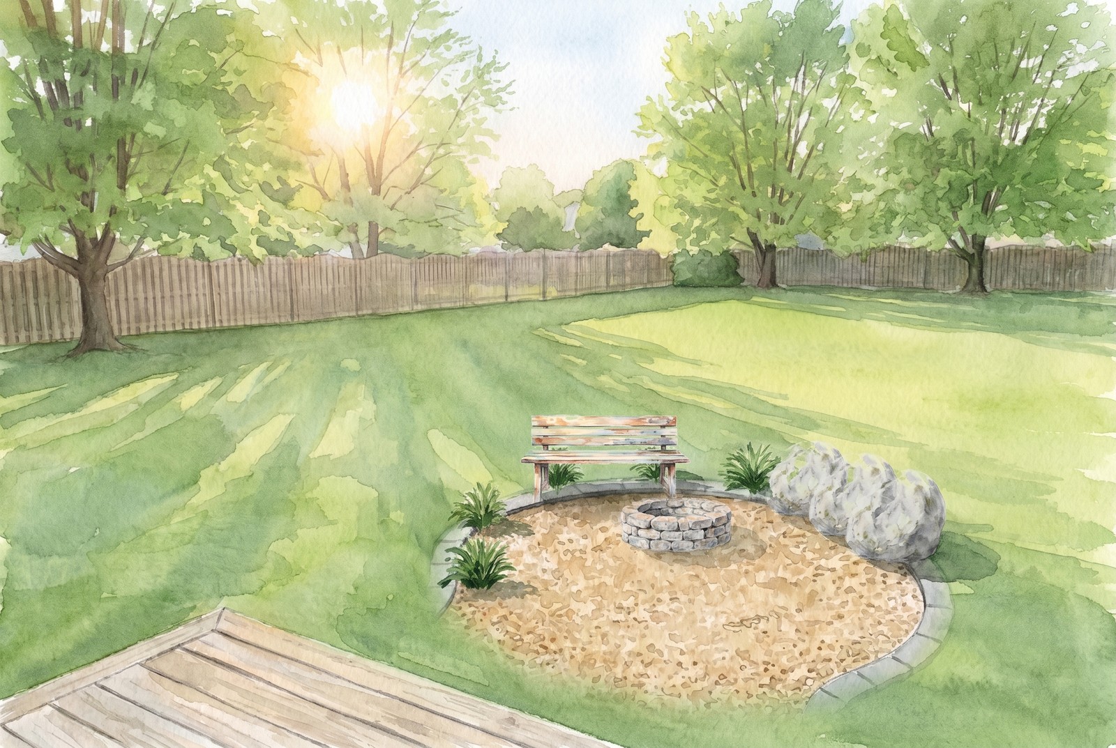 The fire pit area at year 1