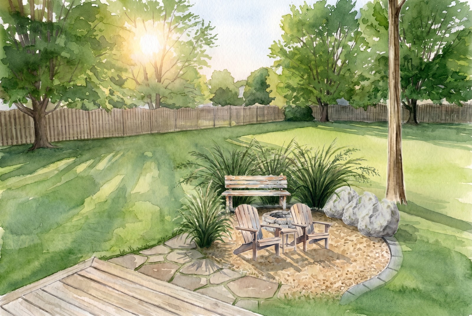 Watercolor of a gravel fire pit circle twenty years grown: seating around the flame, grasses at the rim, a maple overhead