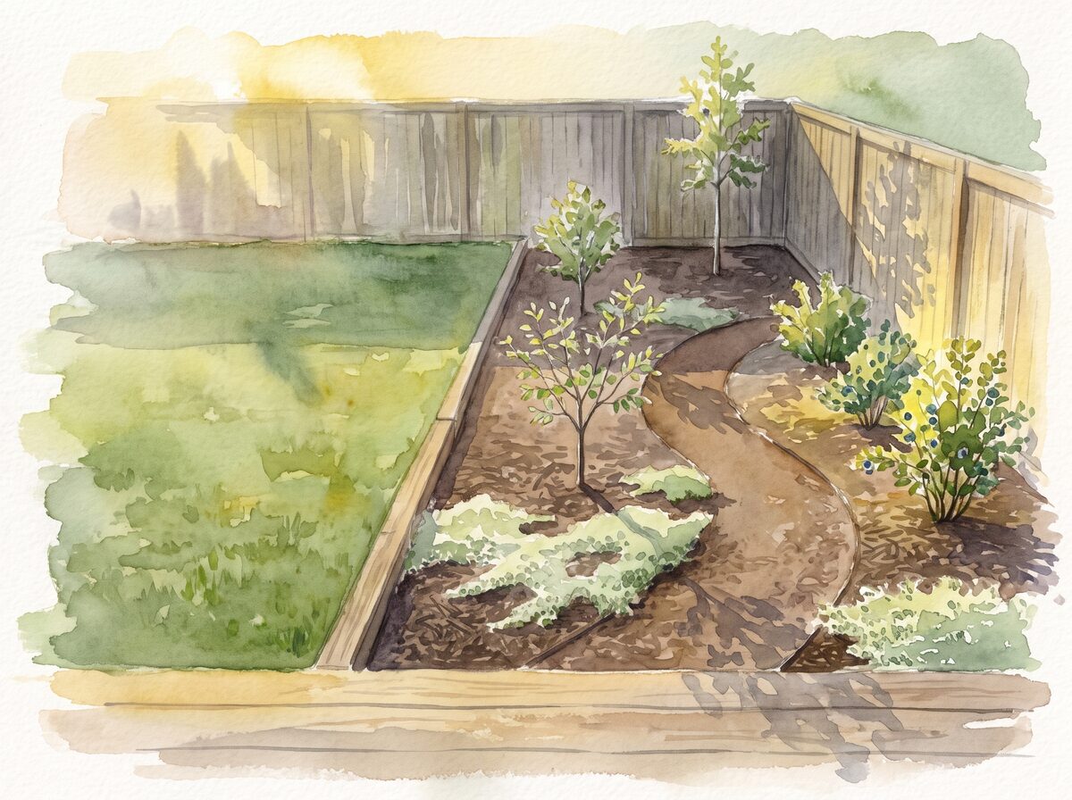 Watercolor of backyard food forest