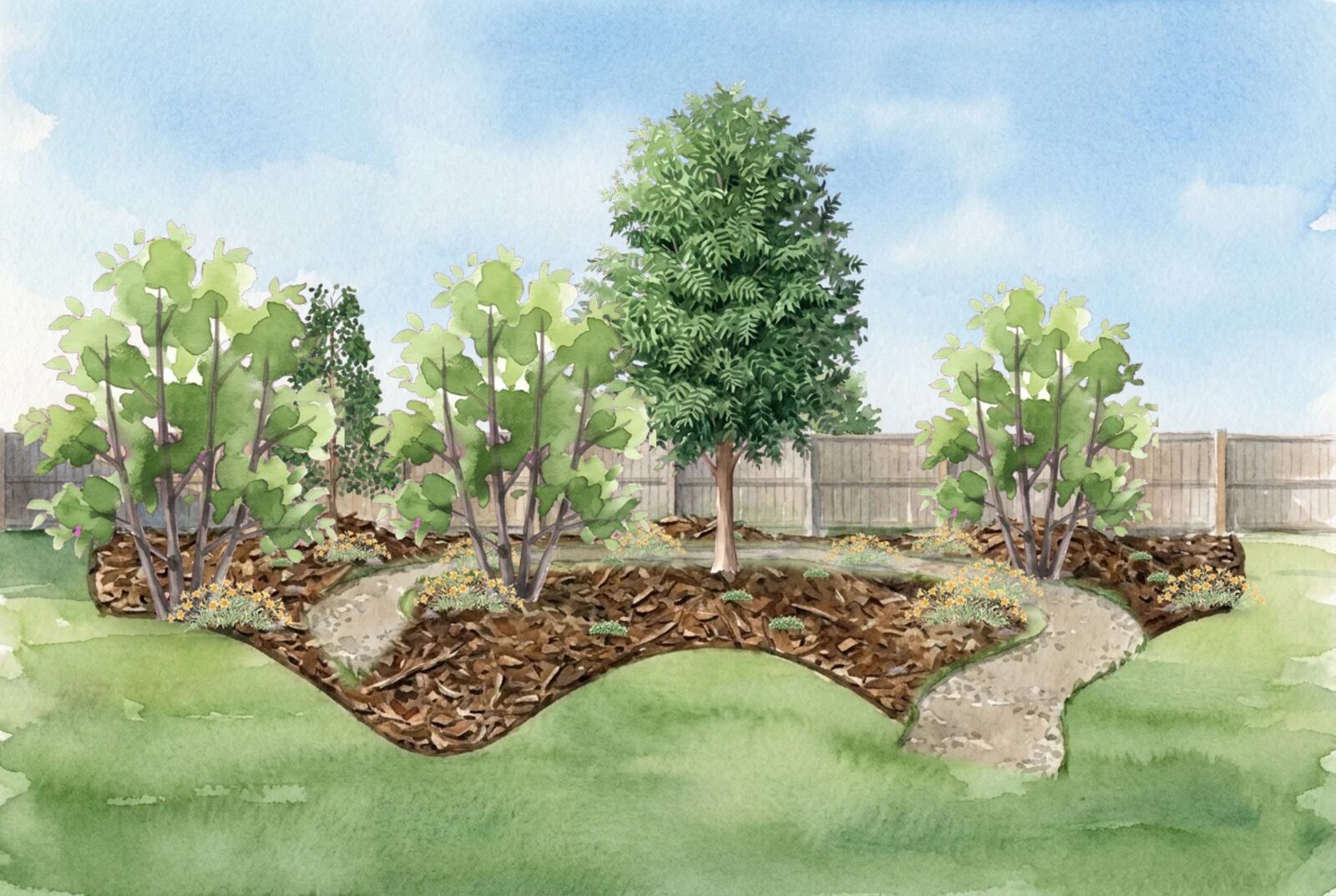Watercolor of a mature backyard food forest at twenty years: a pecan canopy over flowering serviceberries, a hazelnut on the west edge, and a gravel path winding through a wood-chip floor planted with thyme and wild strawberry