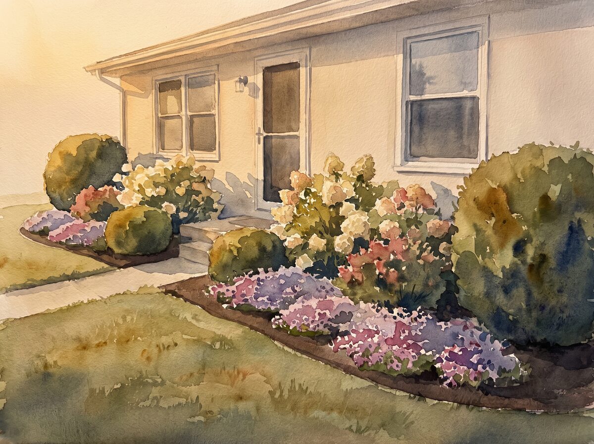 Watercolor of front yard landscaping