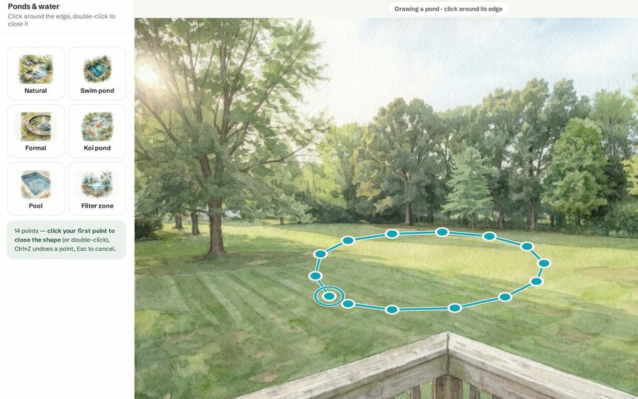Drawing the outline of a pond on the painted yard