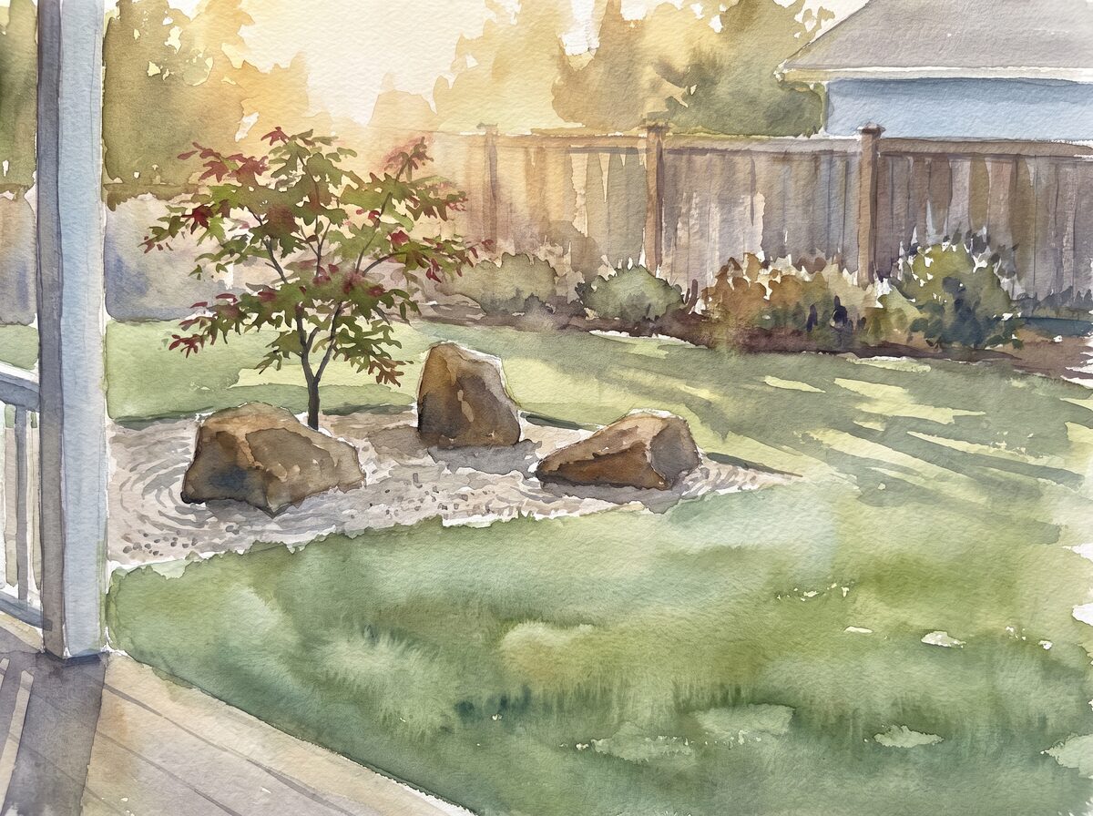 Three stones and a maple japanese garden