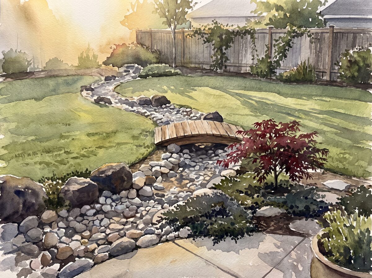 The dry stream and bridge japanese garden