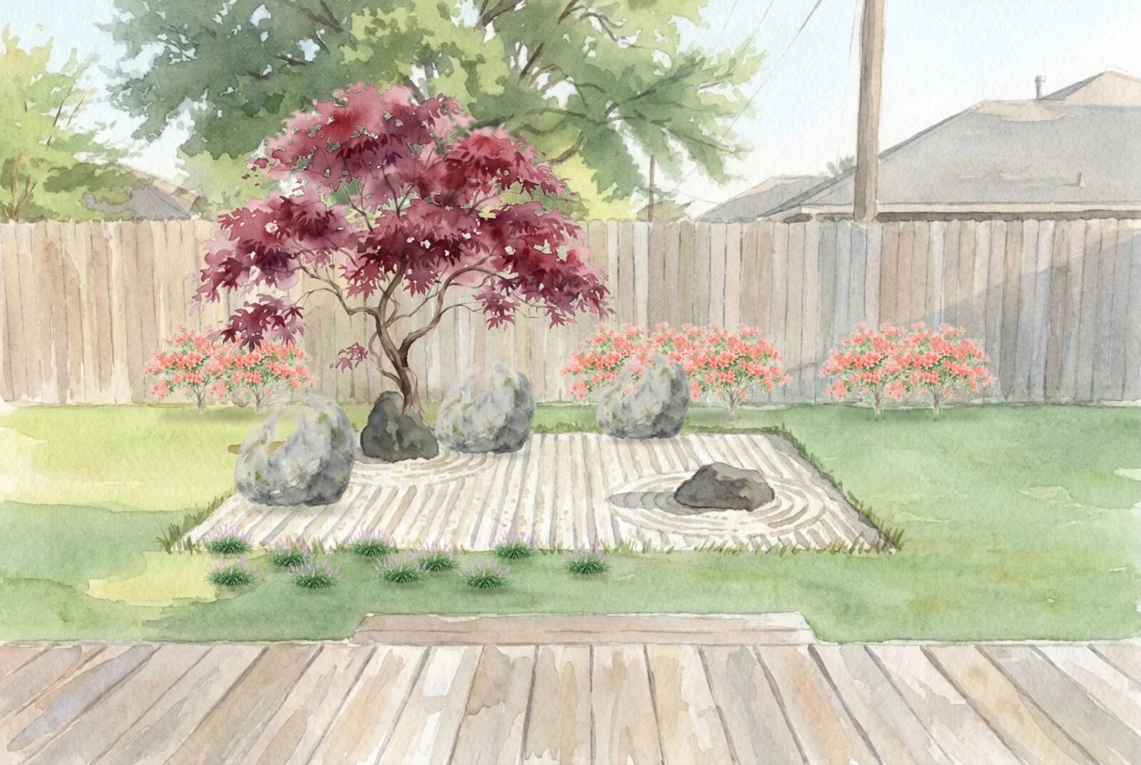 Watercolor of a Japanese garden twenty years grown: a maple leaning over three set boulders in a raked gravel court, clipped azalea masses along the fence behind, a dark carpet of liriope across the lawn in front