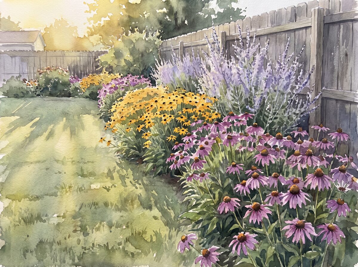 Watercolor of pollinator garden