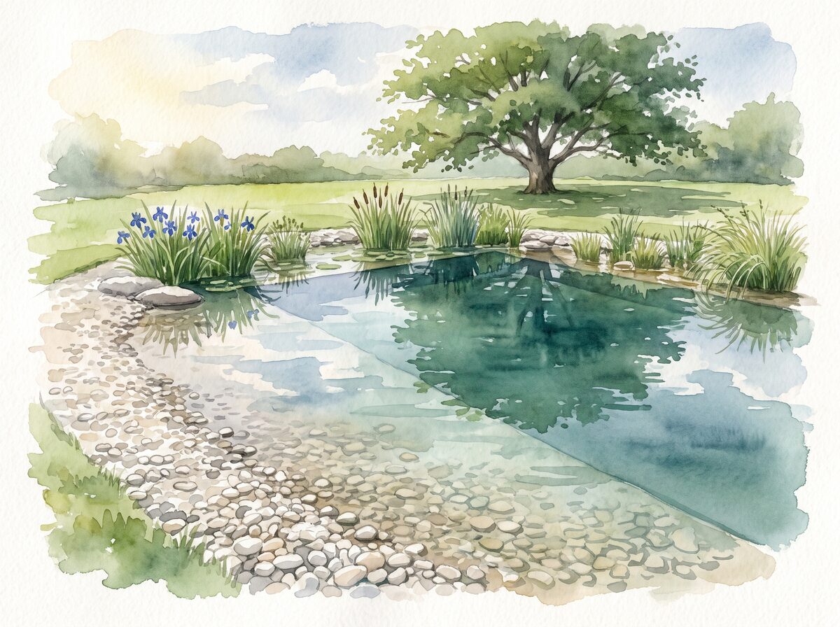 The beach entry natural swimming pond