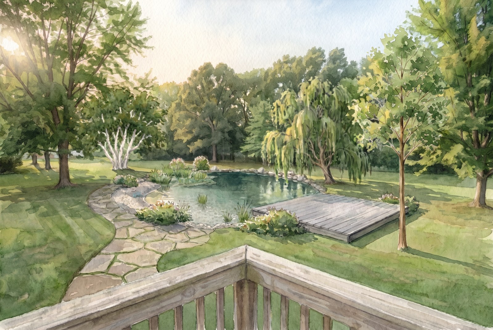 Watercolor of a natural swimming pond with a gravel beach entry, planted regeneration shelf and wooden deck, rendered by Painted Acre at year twenty