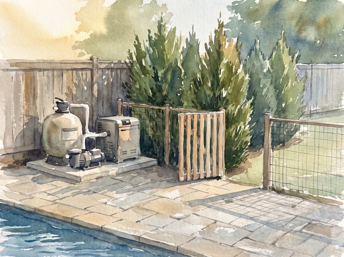 The pump-and-fence screen pool landscaping
