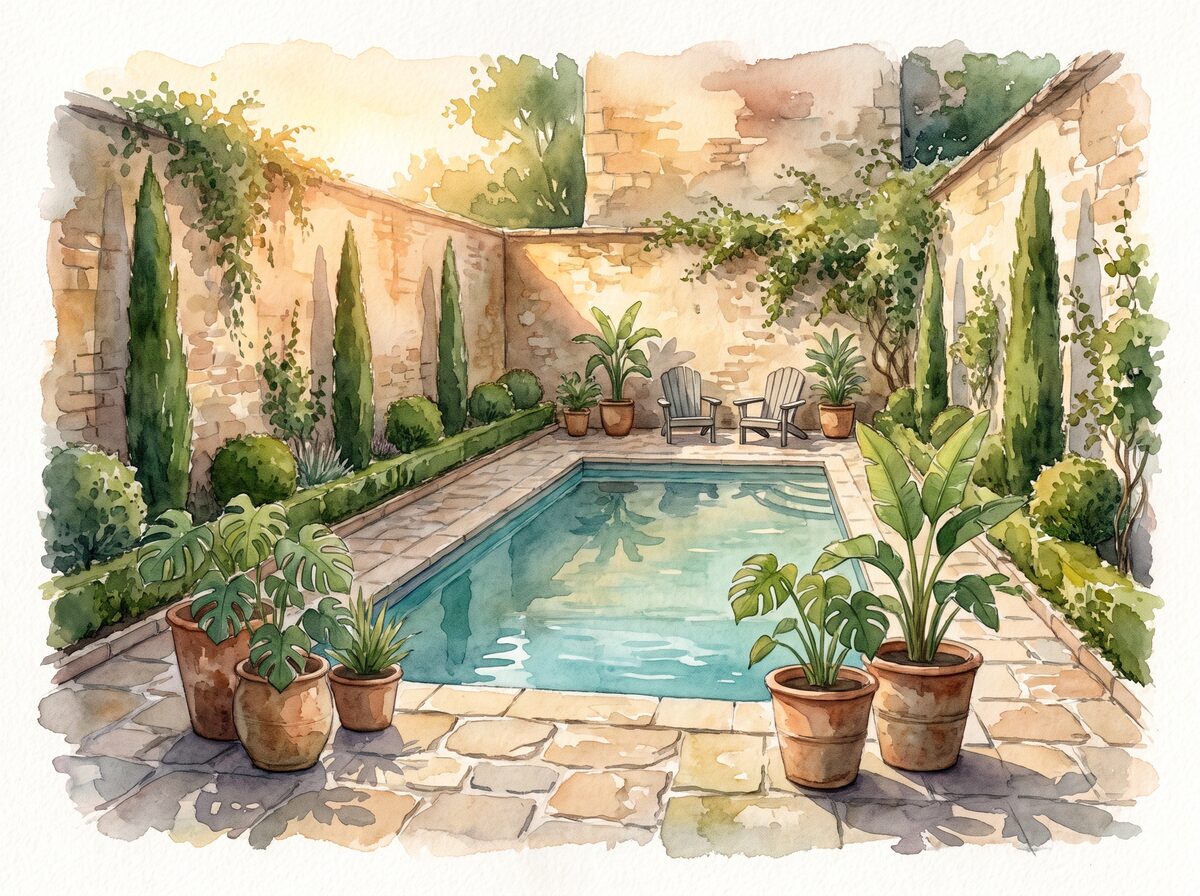 The deck is the yard pool landscaping
