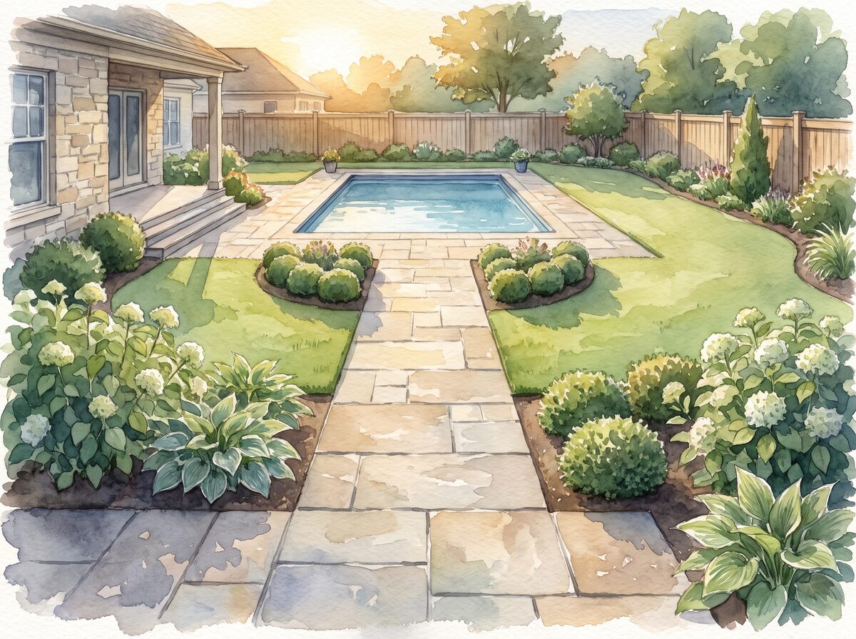The house-to-pool walk pool landscaping