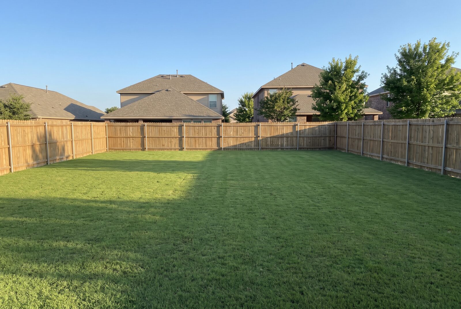 A photo of the backyard today: an empty suburban lawn ringed by a six-foot cedar privacy fence, nothing built yet