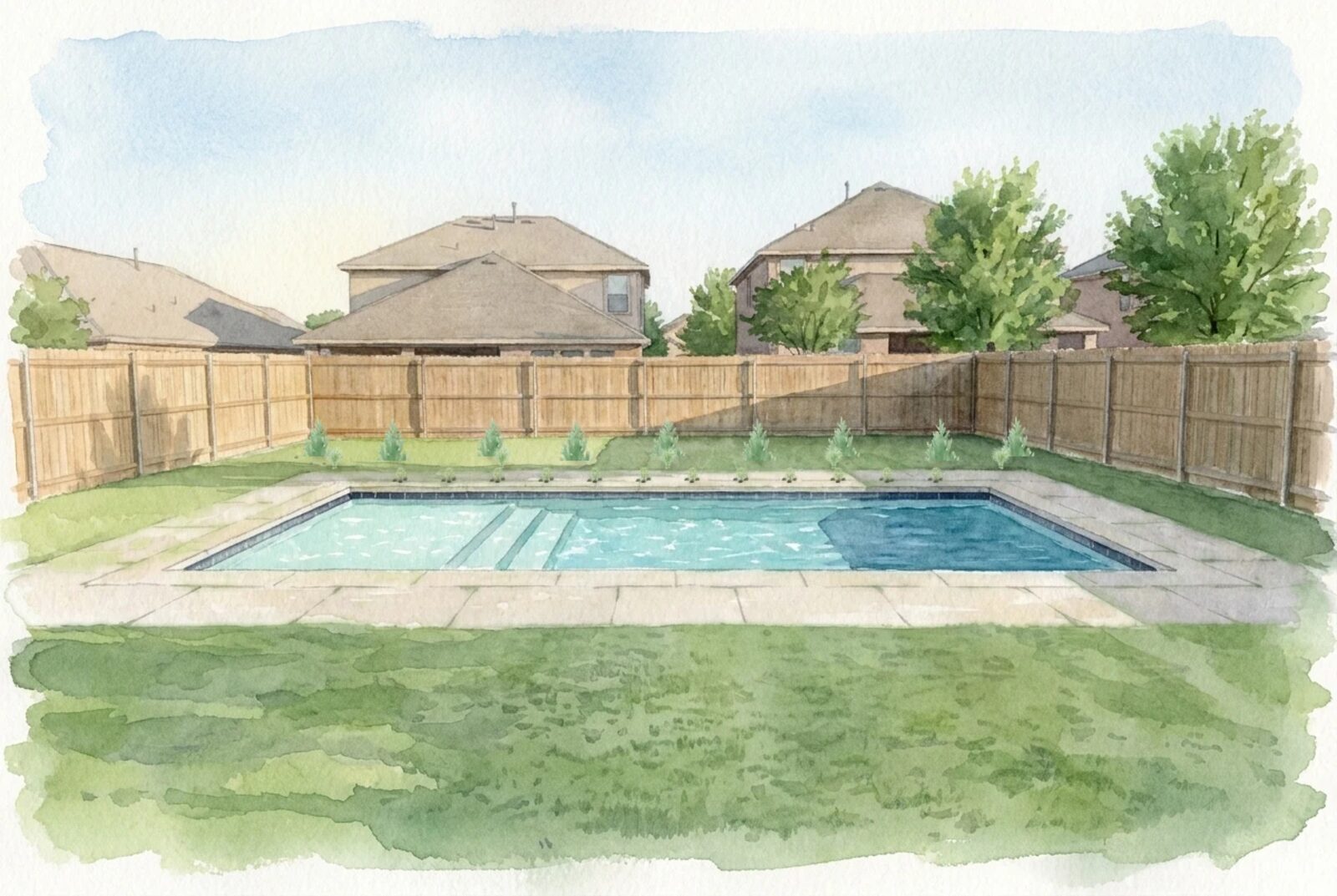The sample pool plan rendered by the studio, one frame per timeline year
