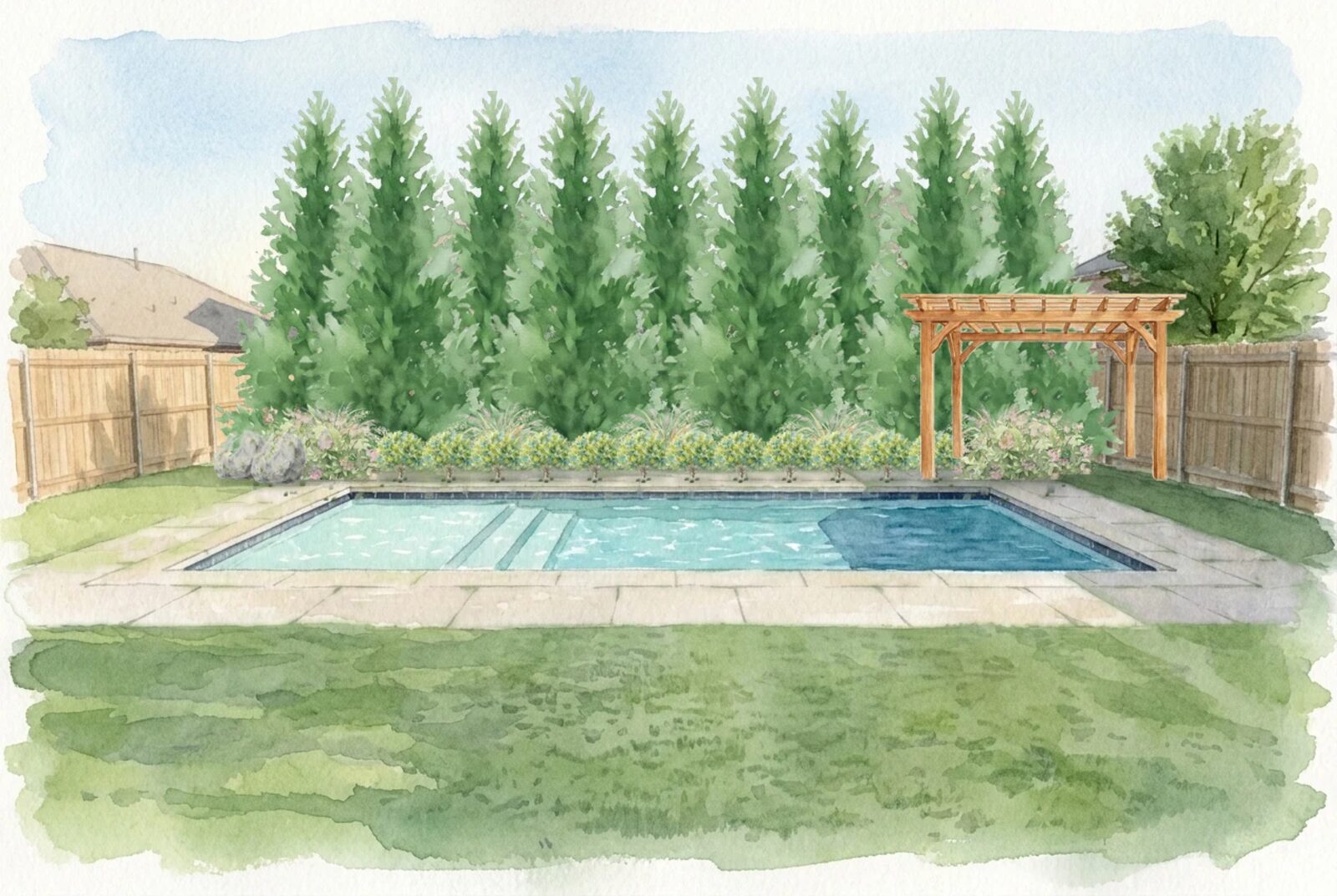 Watercolor of a landscaped pool twenty years grown: a closed arborvitae wall behind the water, clipped boxwood along the deck line, hydrangeas repeated at the bed ends, a boulder group at the far corner