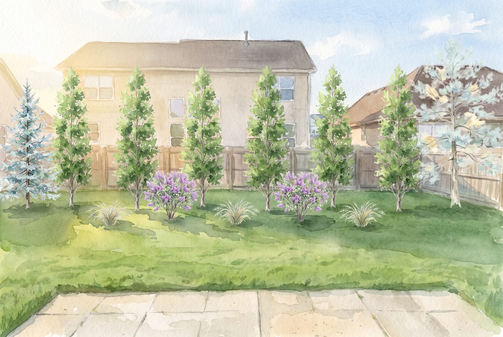 Watercolor of a layered backyard privacy screen twenty years grown: arborvitae over the fence, lilacs in front, the neighboring house screened