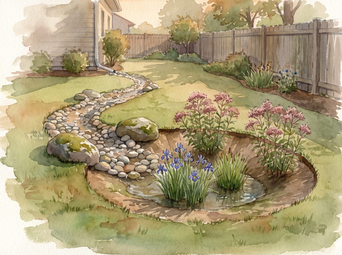 The dry creek and basin rain garden