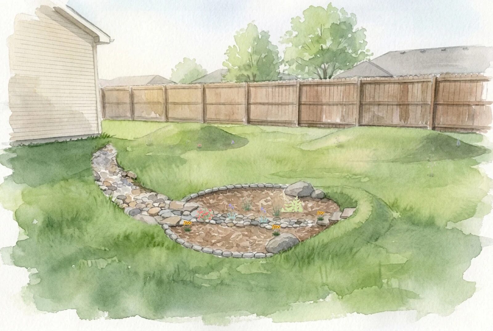 The sample rain garden plan rendered by the studio, one frame per timeline year