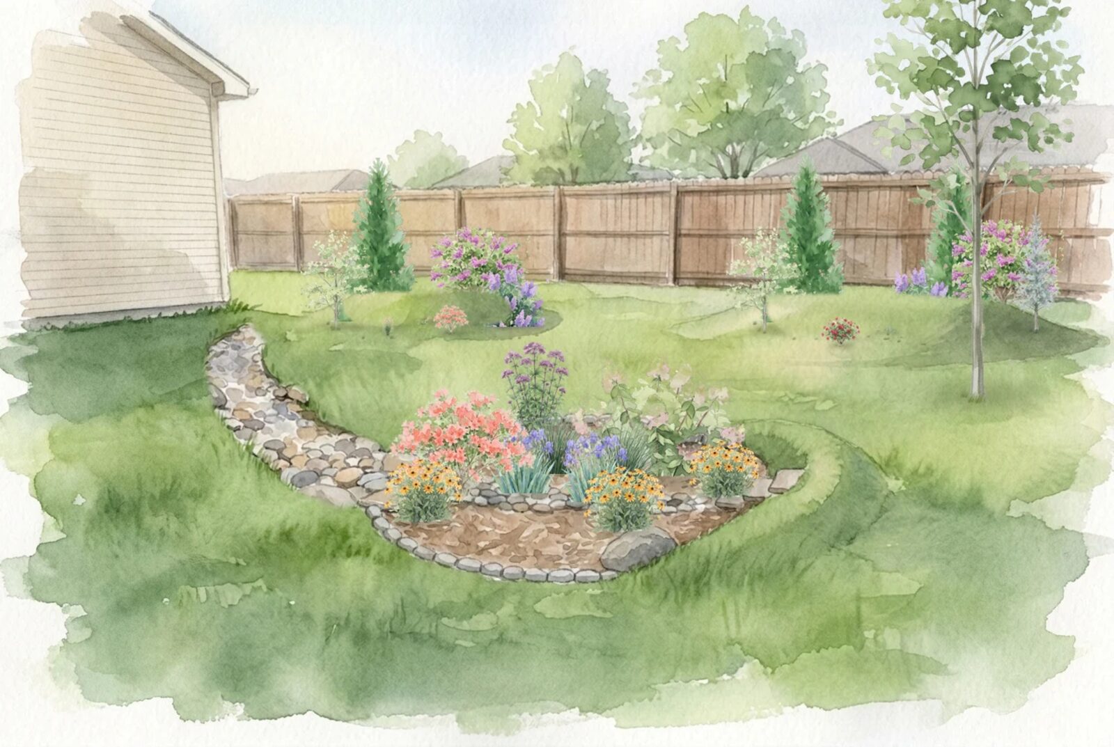 Watercolor of the same backyard grown twenty years on: the stone-rimmed basin planted, privacy mounds along the fence, the red maple owning the corner