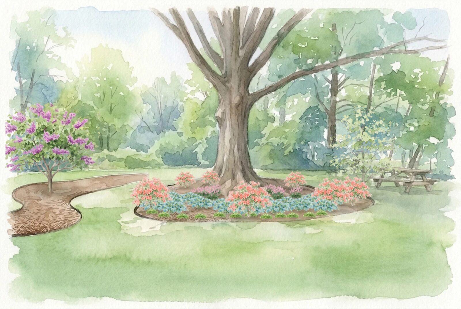 Watercolor of a mature shade garden twenty years grown: a wide mulch bed wrapping a big oak on a wooded lot, three-foot hostas massed across it, astilbe and bleeding heart behind them, a redbud in the left corner and a dogwood by the picnic table