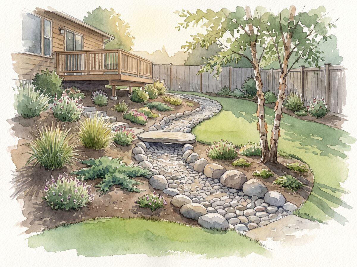 The dry creek sloped backyard
