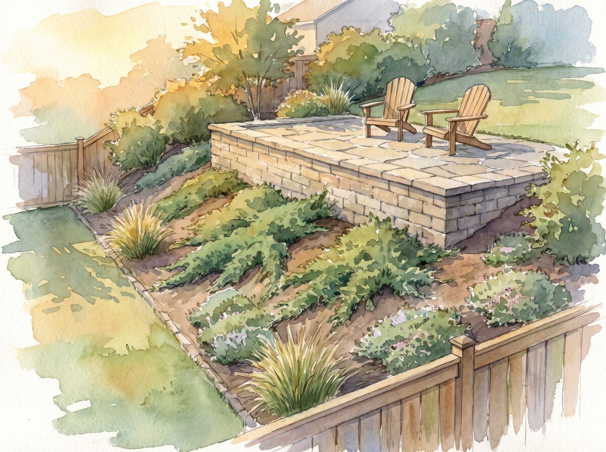 Watercolor of sloped backyard