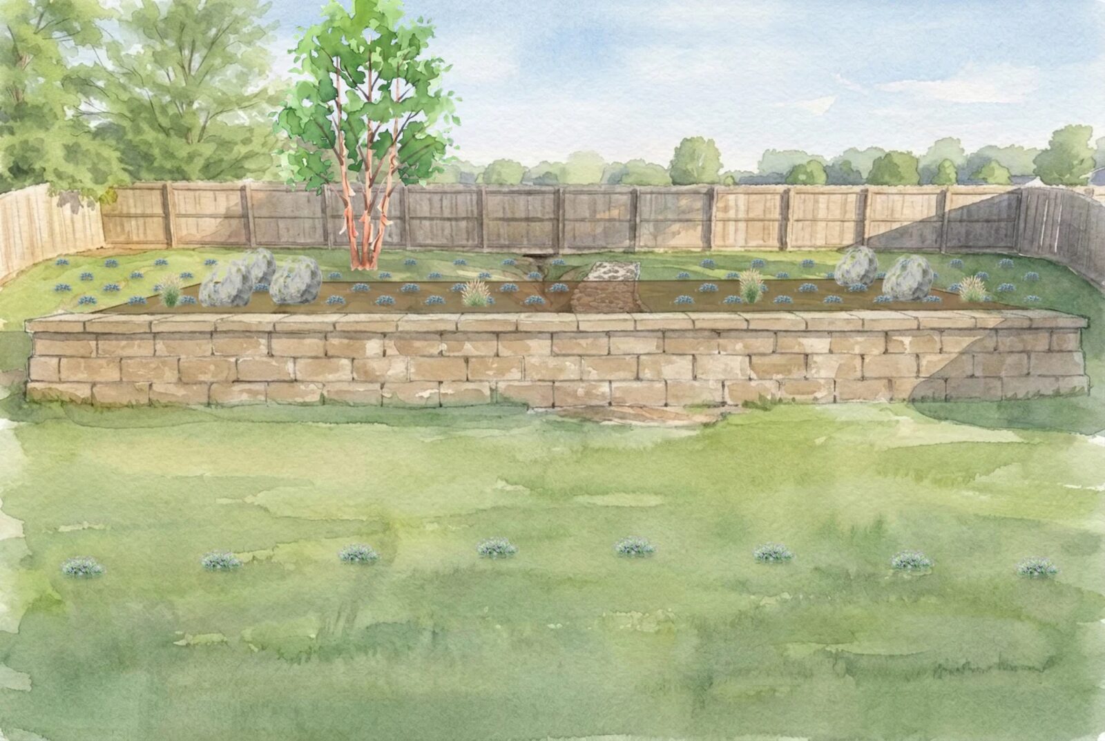 Watercolor of a sloped backyard twenty years grown: one low stone wall holding a flat terrace near the house, the bank below it a closed sheet of creeping juniper and phlox, boulder groups showing through, a mature river birch at the toe of the slope