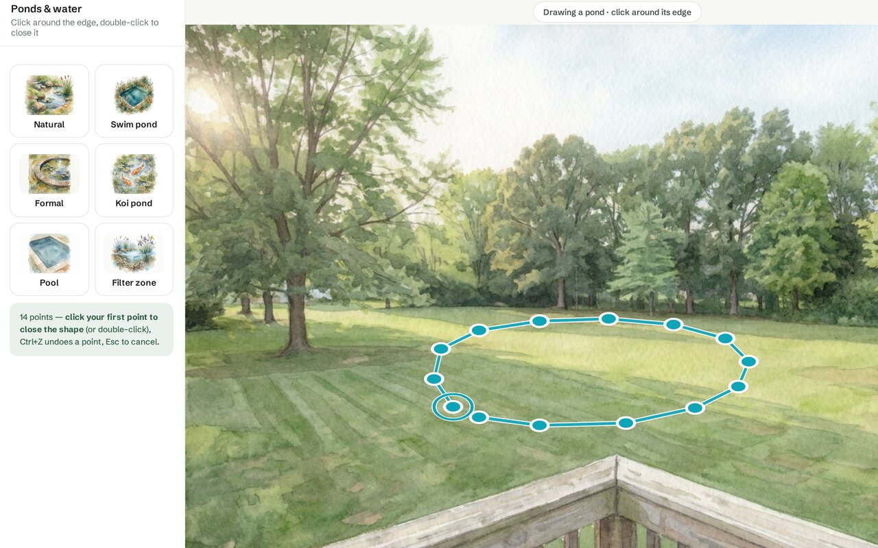 The studio in pond-drawing mode: the full pond outline clicked out point by point on the watercolor of the yard