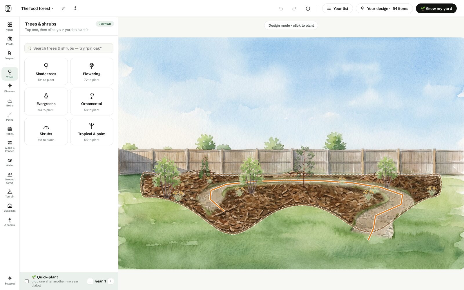The studio in design mode: the oak canopy anchor placed at mature width with the understory gaps still open