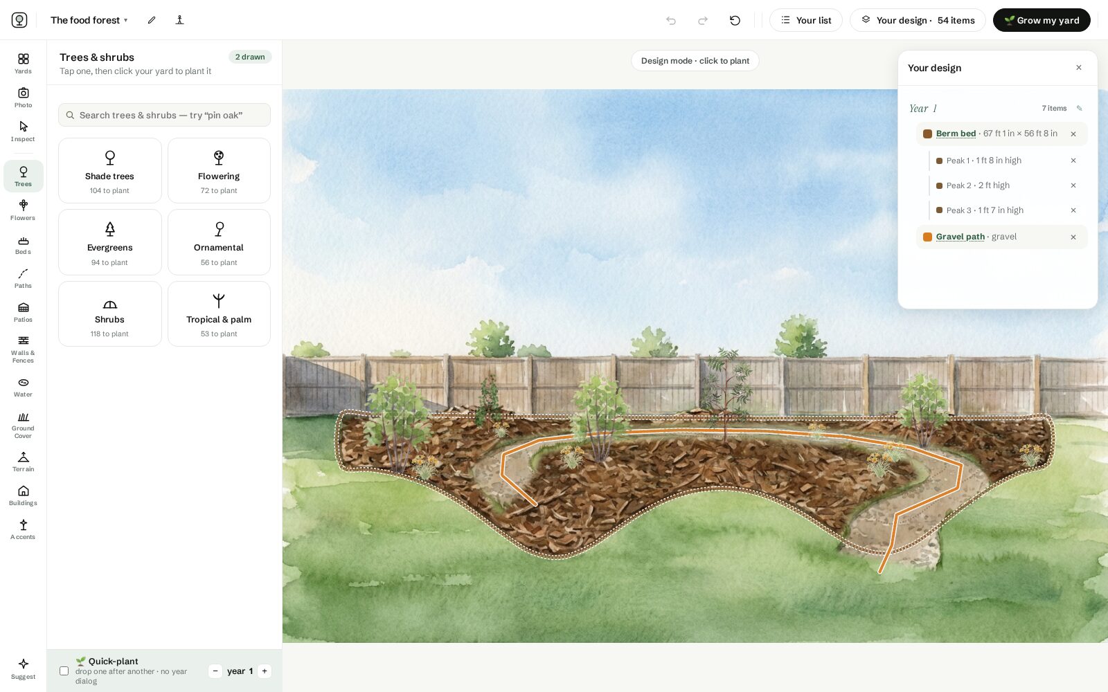 The design drawer grouping the planting by layer, canopy down to groundcover