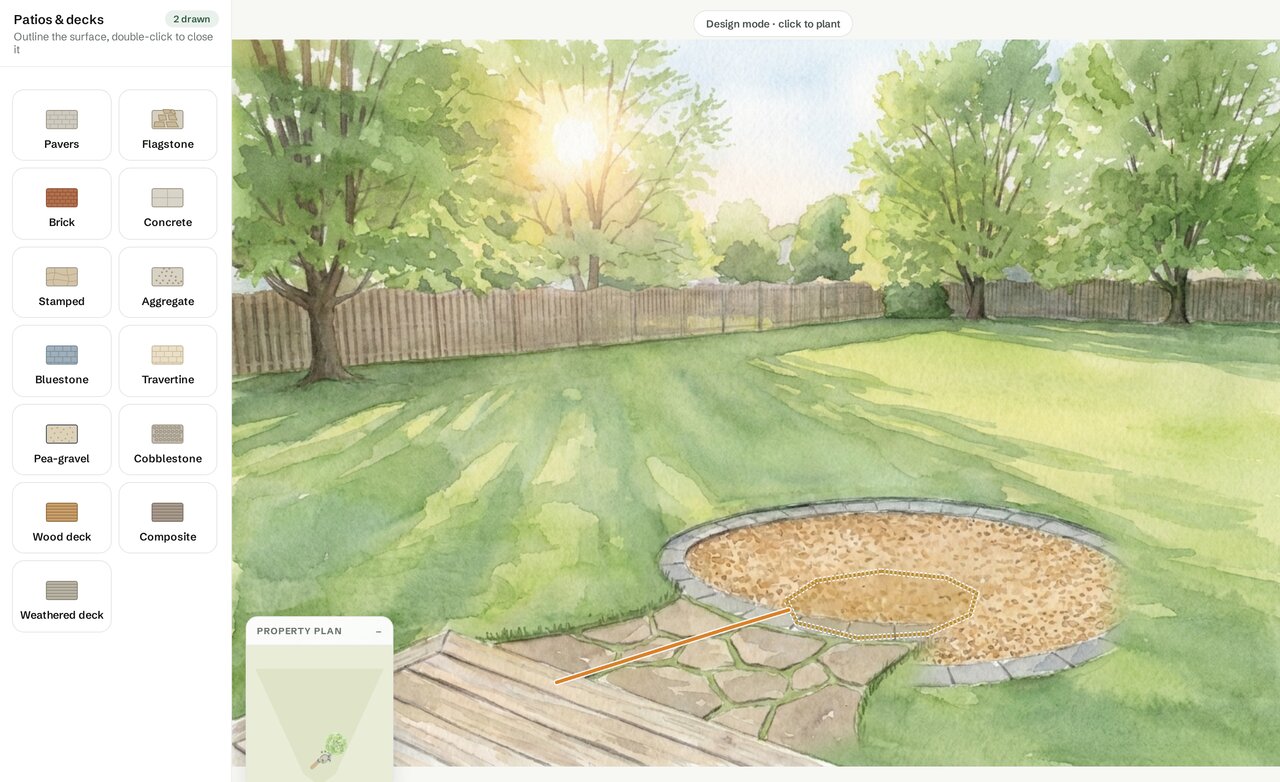 The studio in design mode: the fire circle and path drawn on the yard