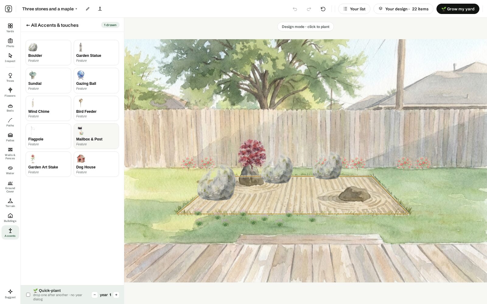 The studio in design mode: three boulders placed as an uneven triangle off-center