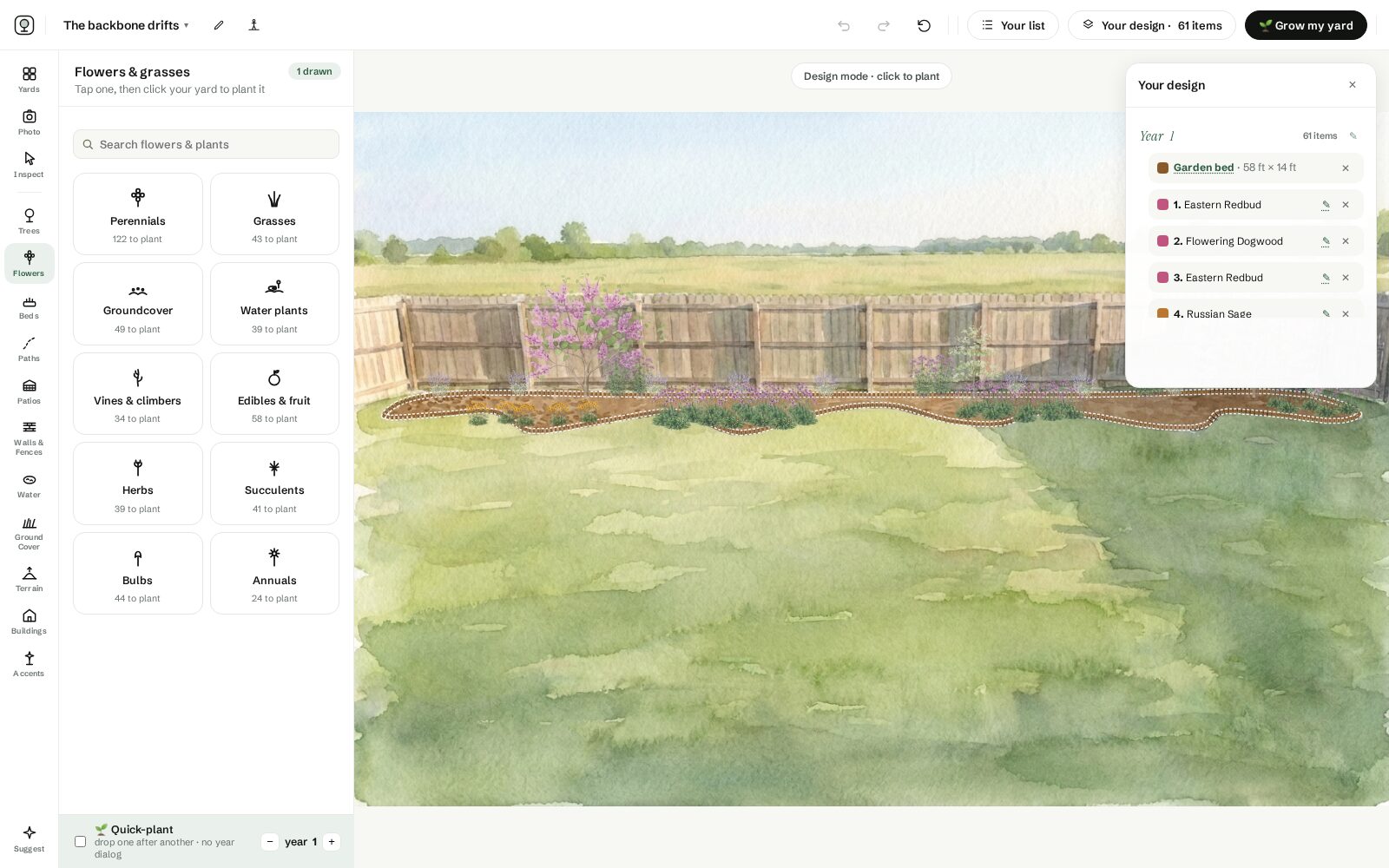 The design drawer grouping the planting by year