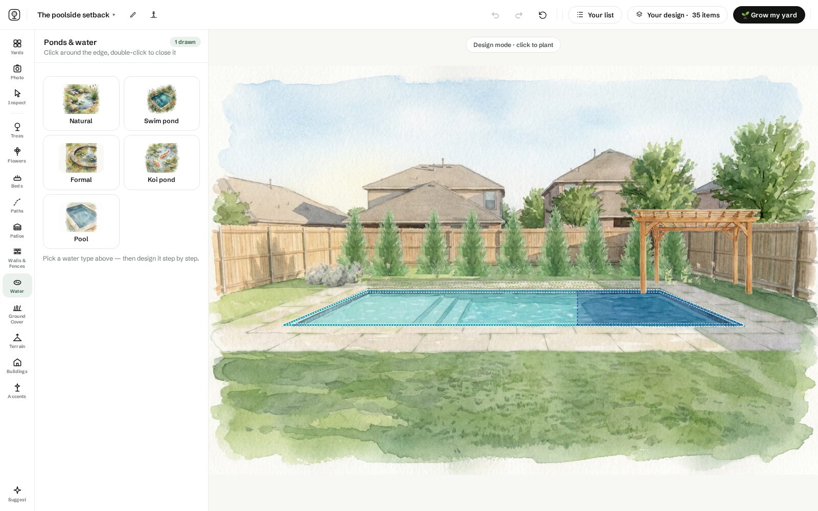 The studio in design mode: the arborvitae screen placed back from the pool deck
