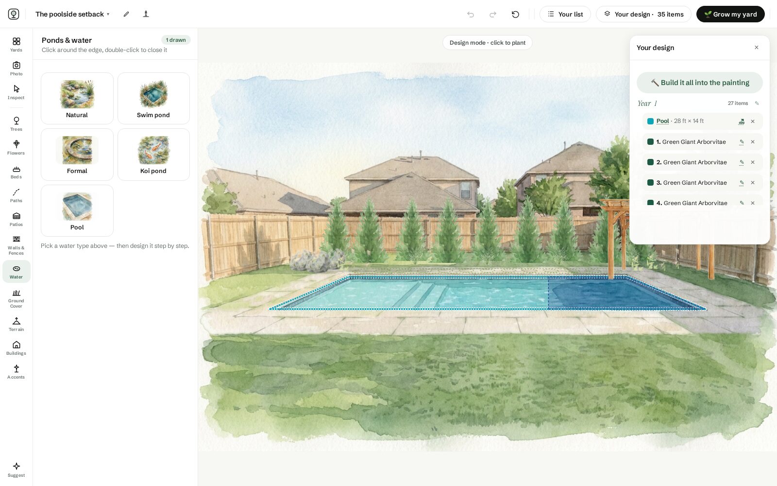 The design drawer grouping the pool planting by year