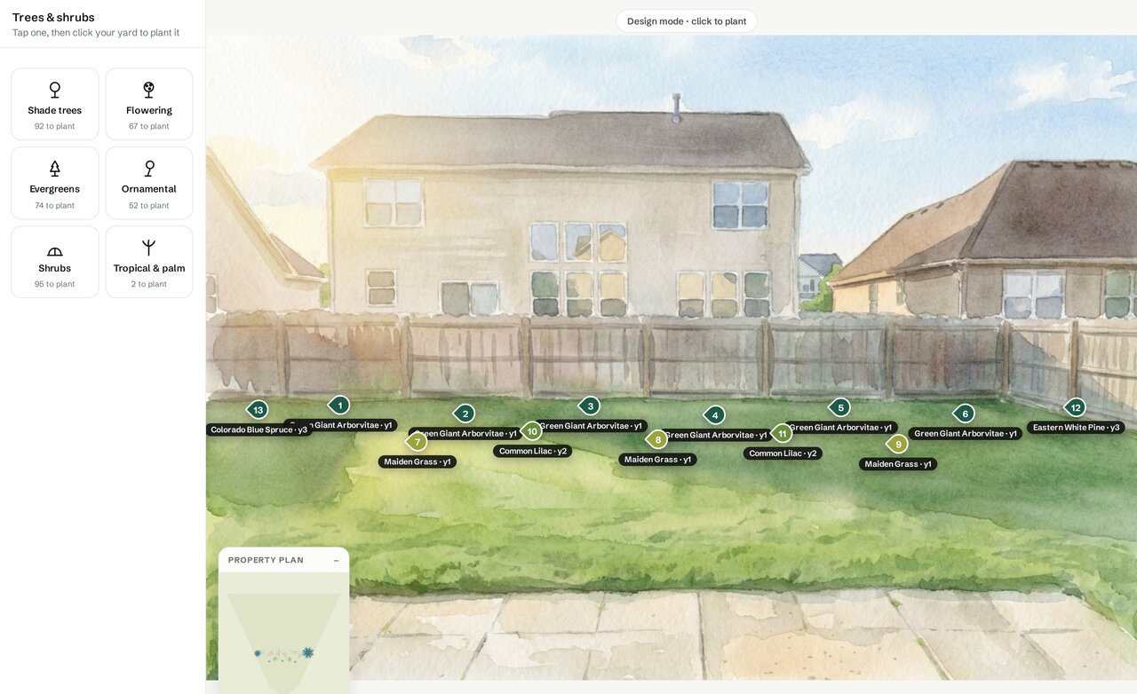 The studio in design mode: the screen pins placed along the fence line