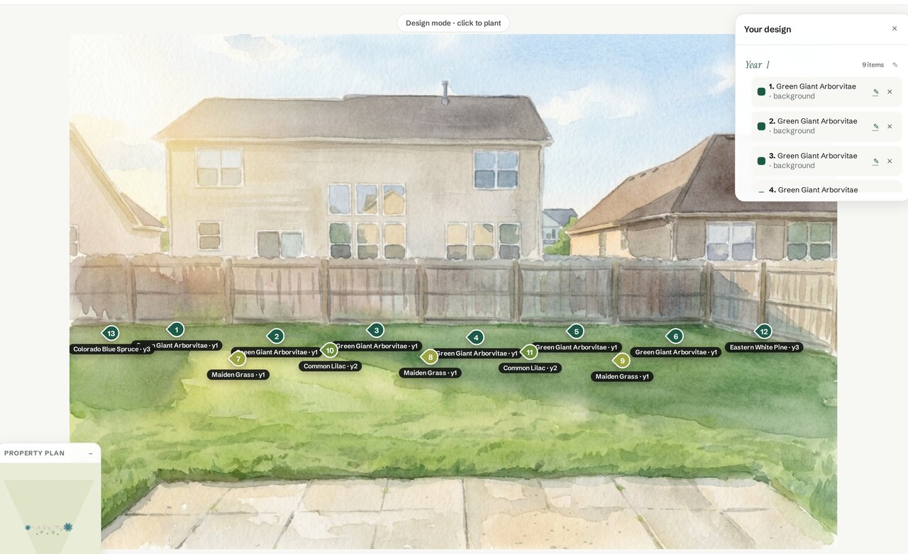 The design drawer grouping the screen by planting year