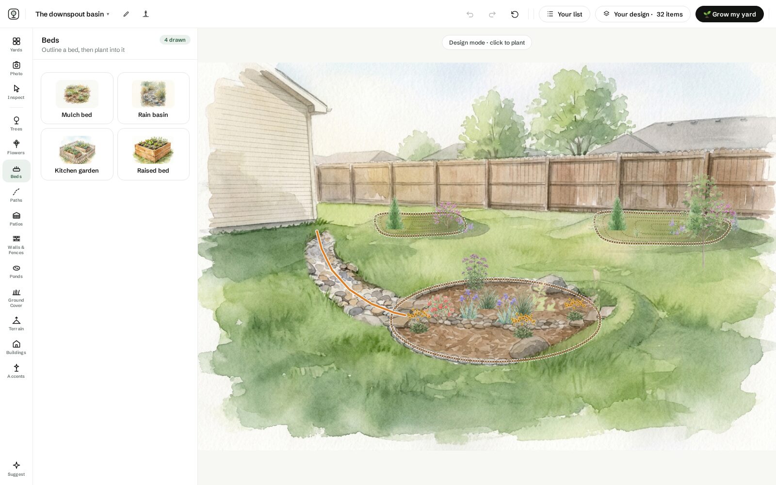The studio in design mode: the basin drawn downhill of the downspout with the dry creek run