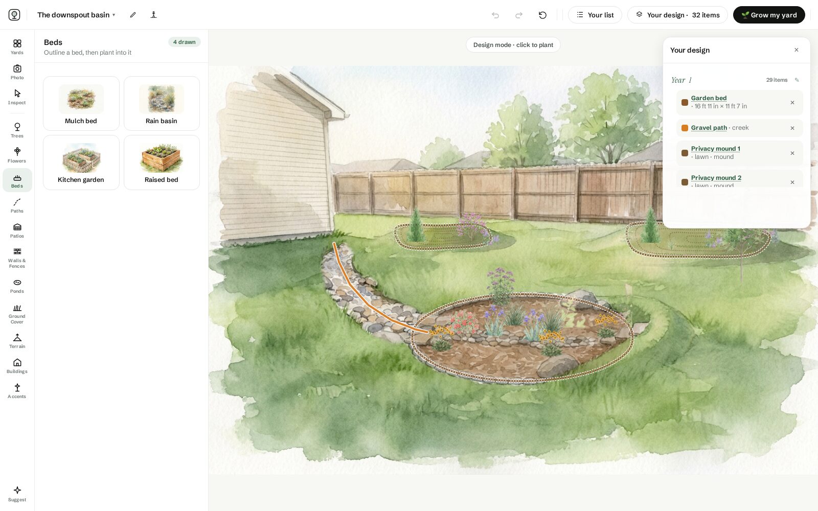 The design drawer grouping the planting by ring and by year