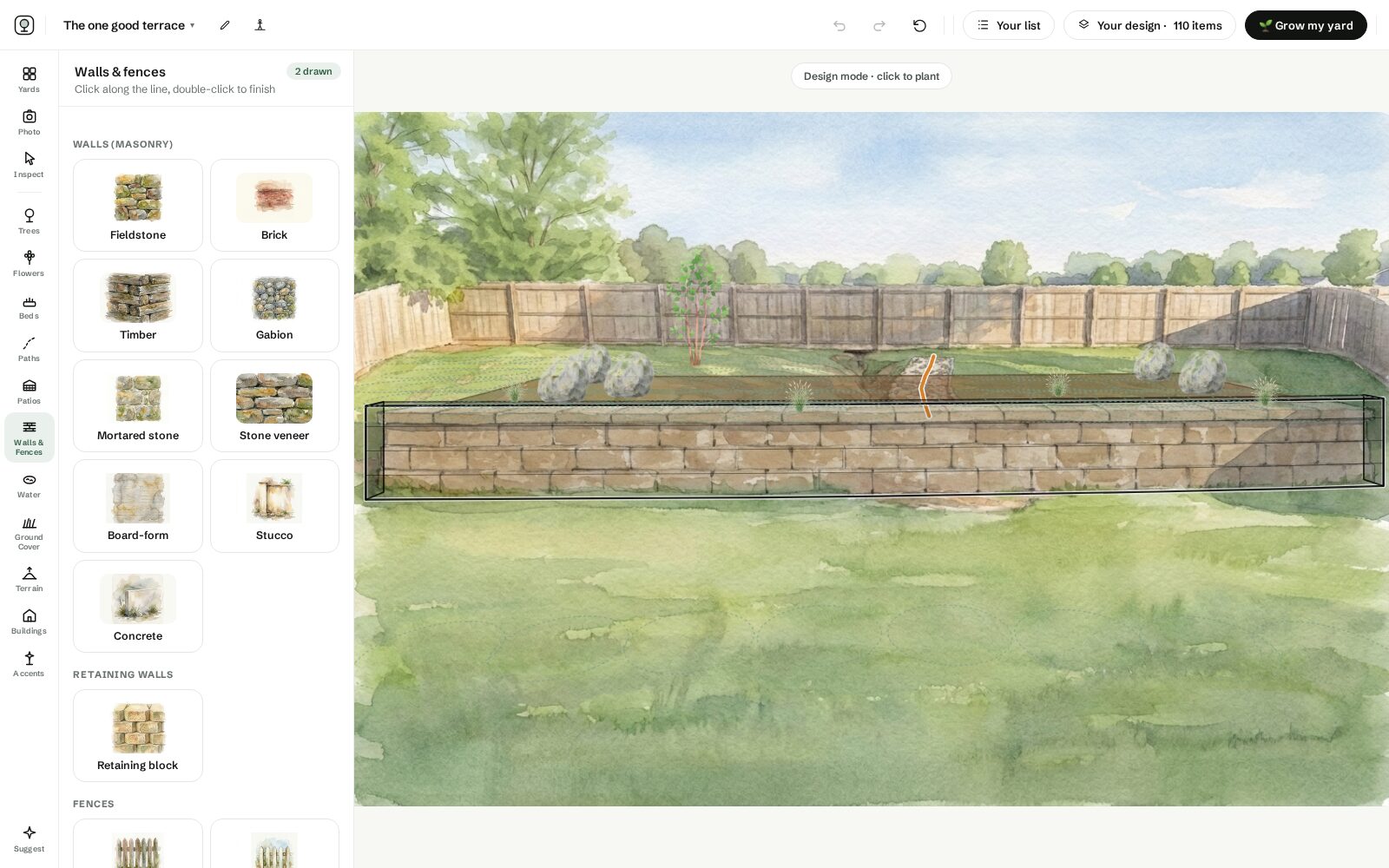The studio in design mode: one retaining wall dragged across the sample slope with the flat terrace cut behind it