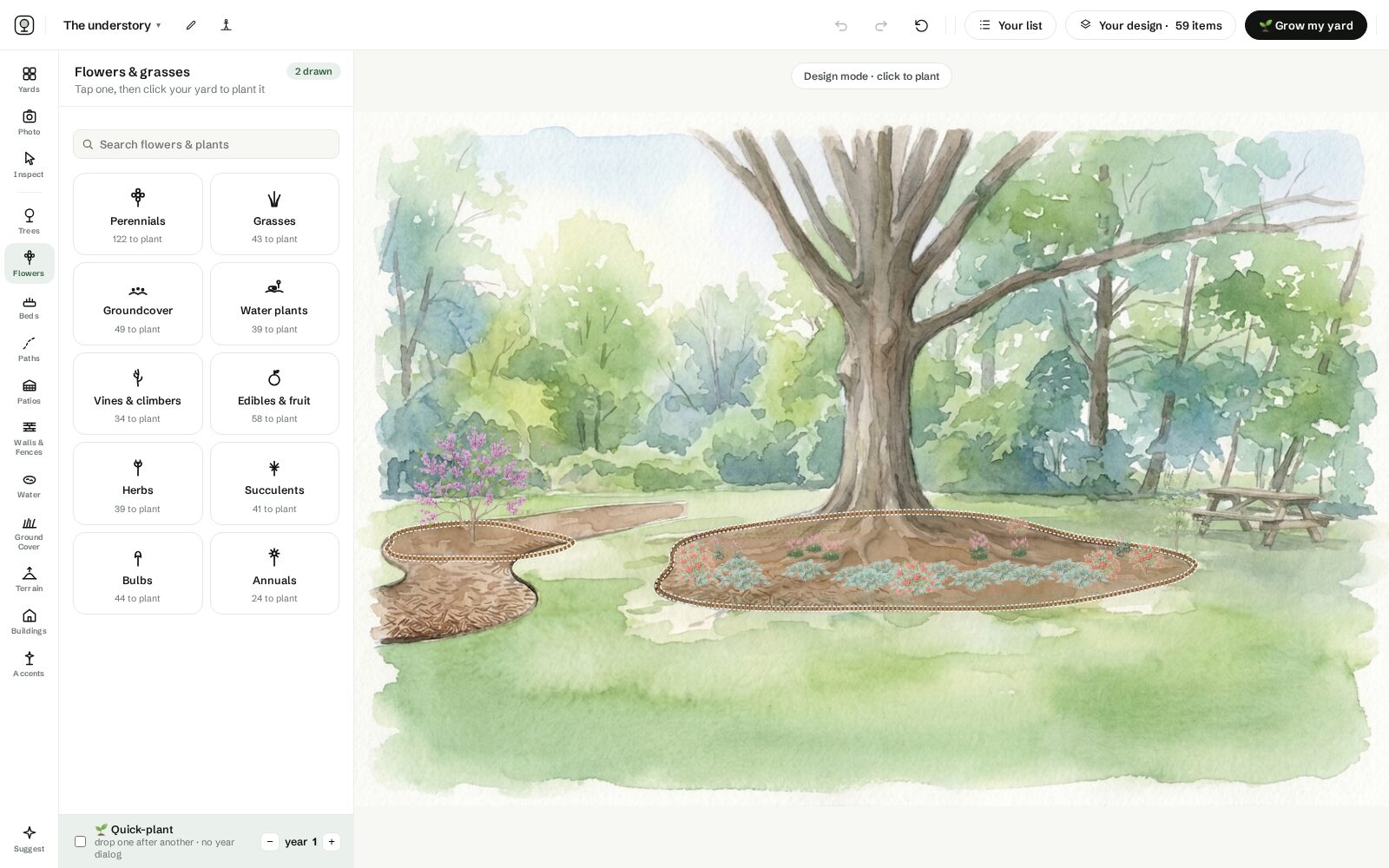 The studio in design mode: a mulch bed drawn round the existing oak with hosta clumps placed inside it