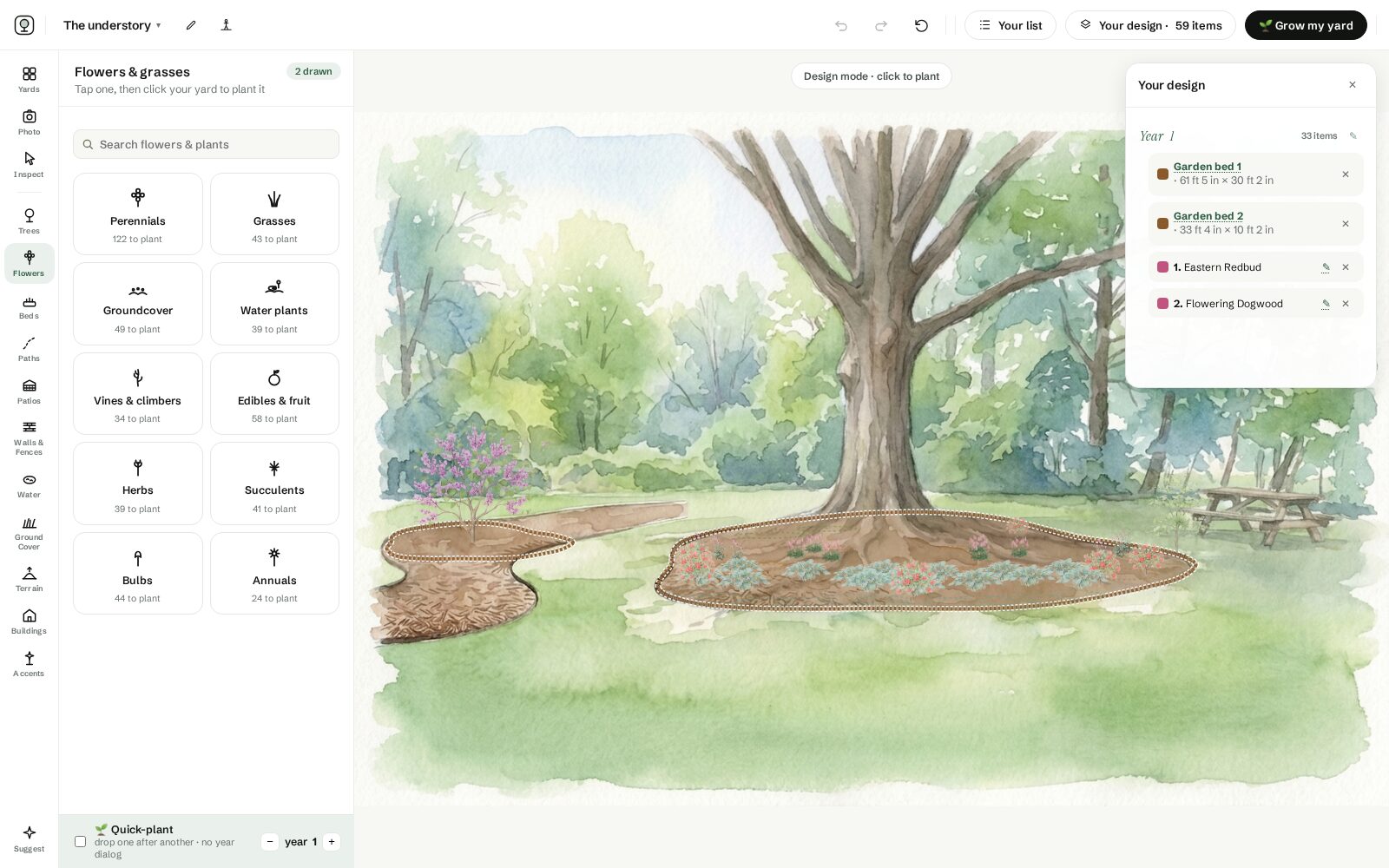 The design drawer grouping the understory planting by year