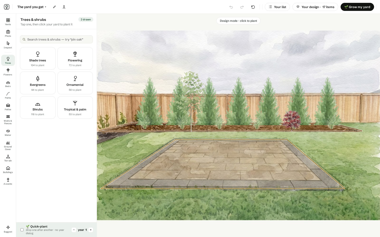 The studio in design mode: a red maple and an arborvitae row placed on a yard photo