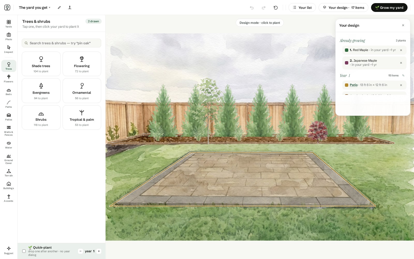 The design drawer grouping the planting by year