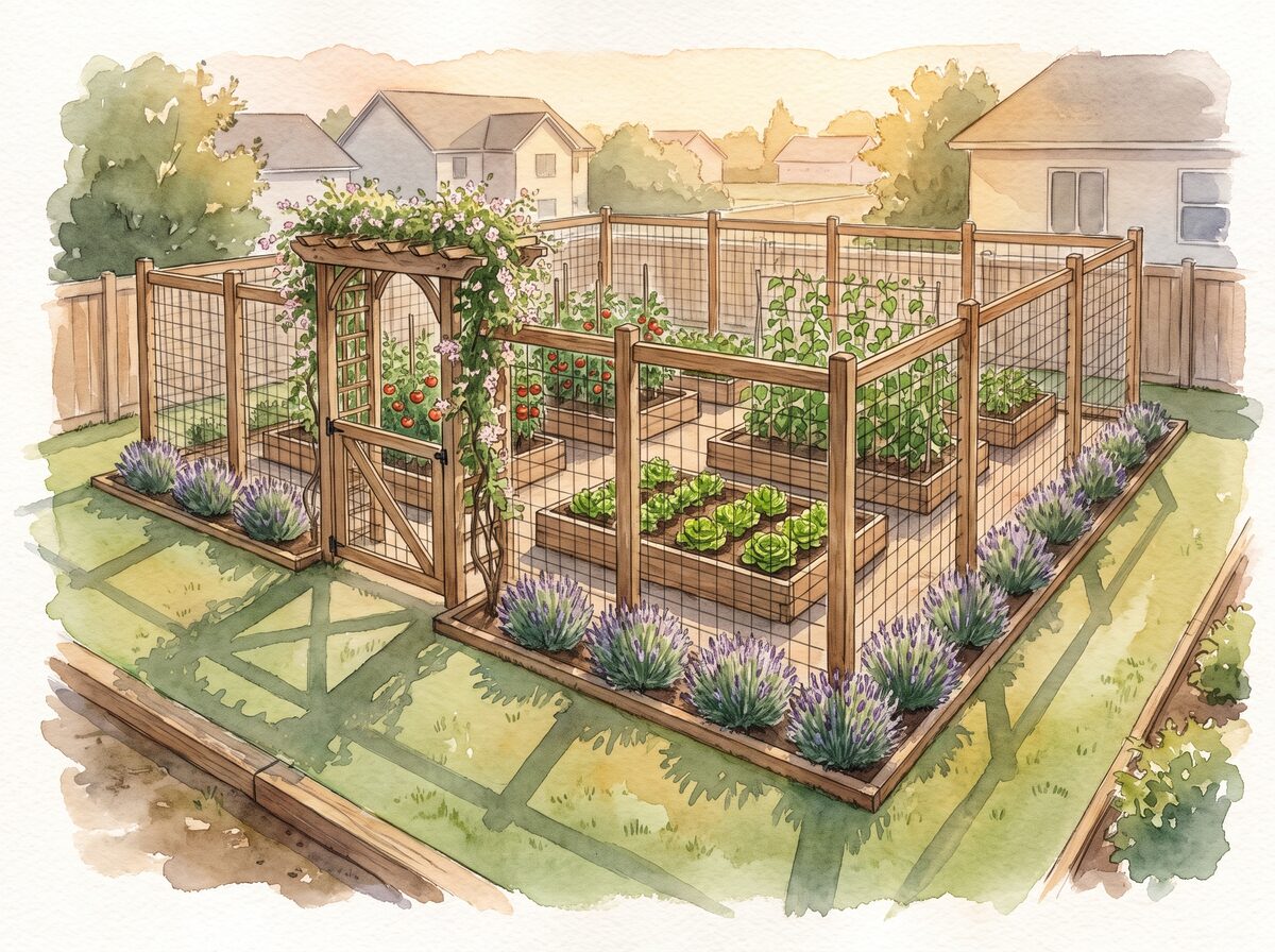 The fenced garden vegetable garden