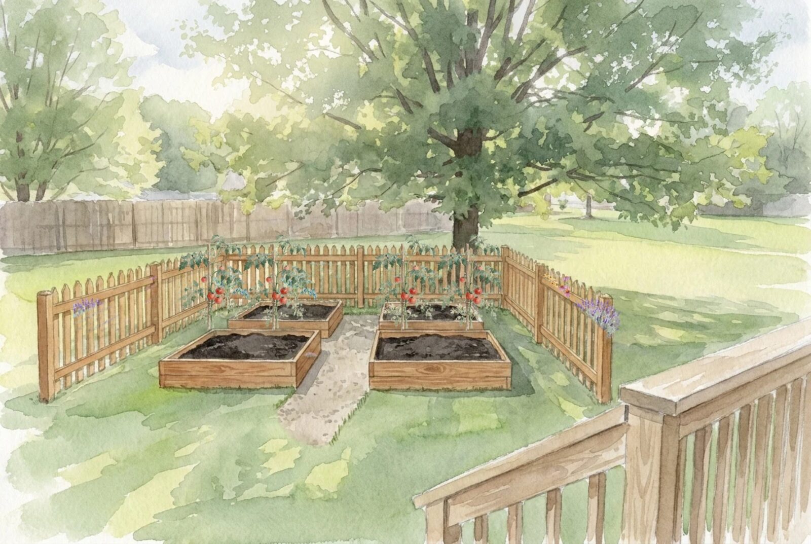 Watercolor of a mature fenced kitchen garden: four raised beds in a grid with staked tomatoes and climbing beans, wide gravel paths, a cedar picket fence gone silver, lavender along the outside