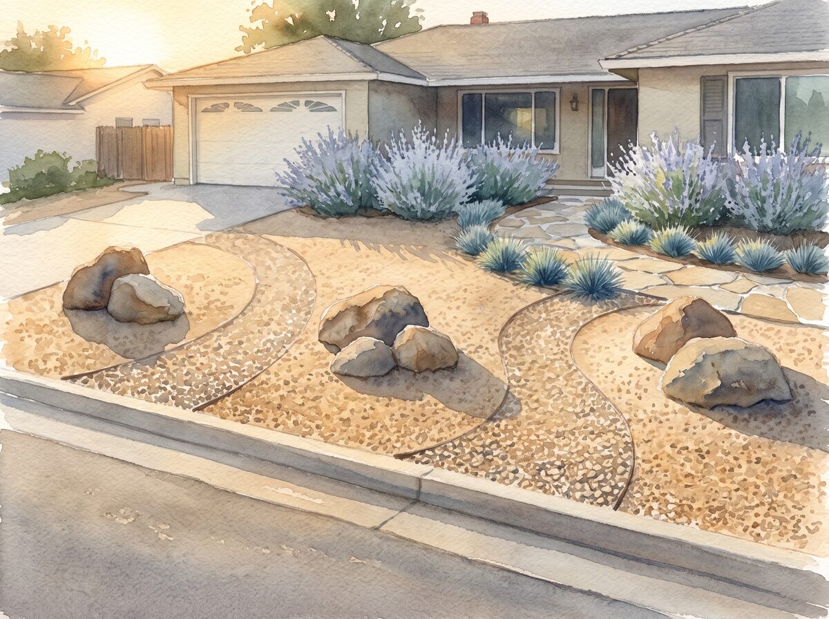 Watercolor of xeriscape front yard