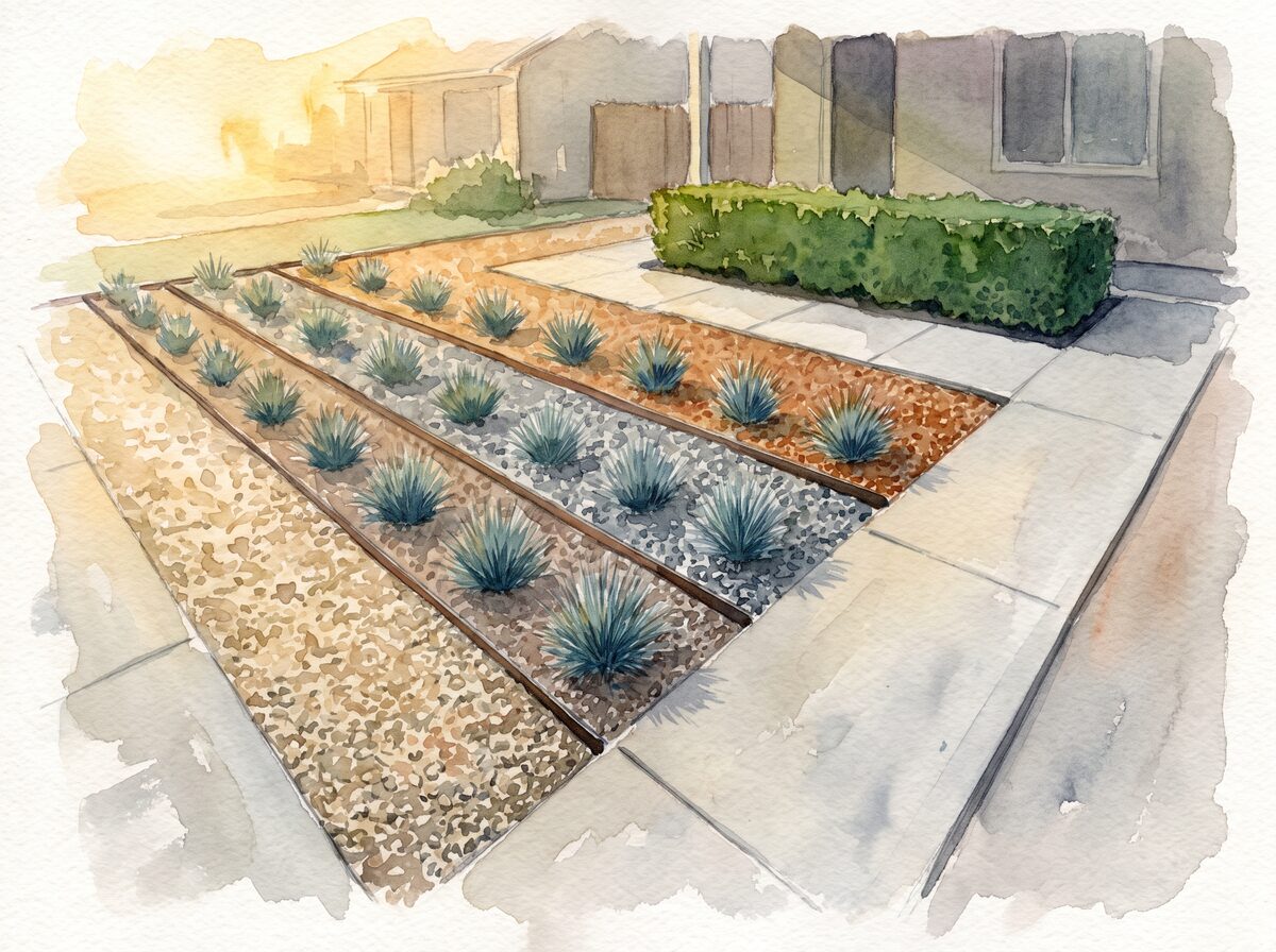 The banded grid xeriscape front yard