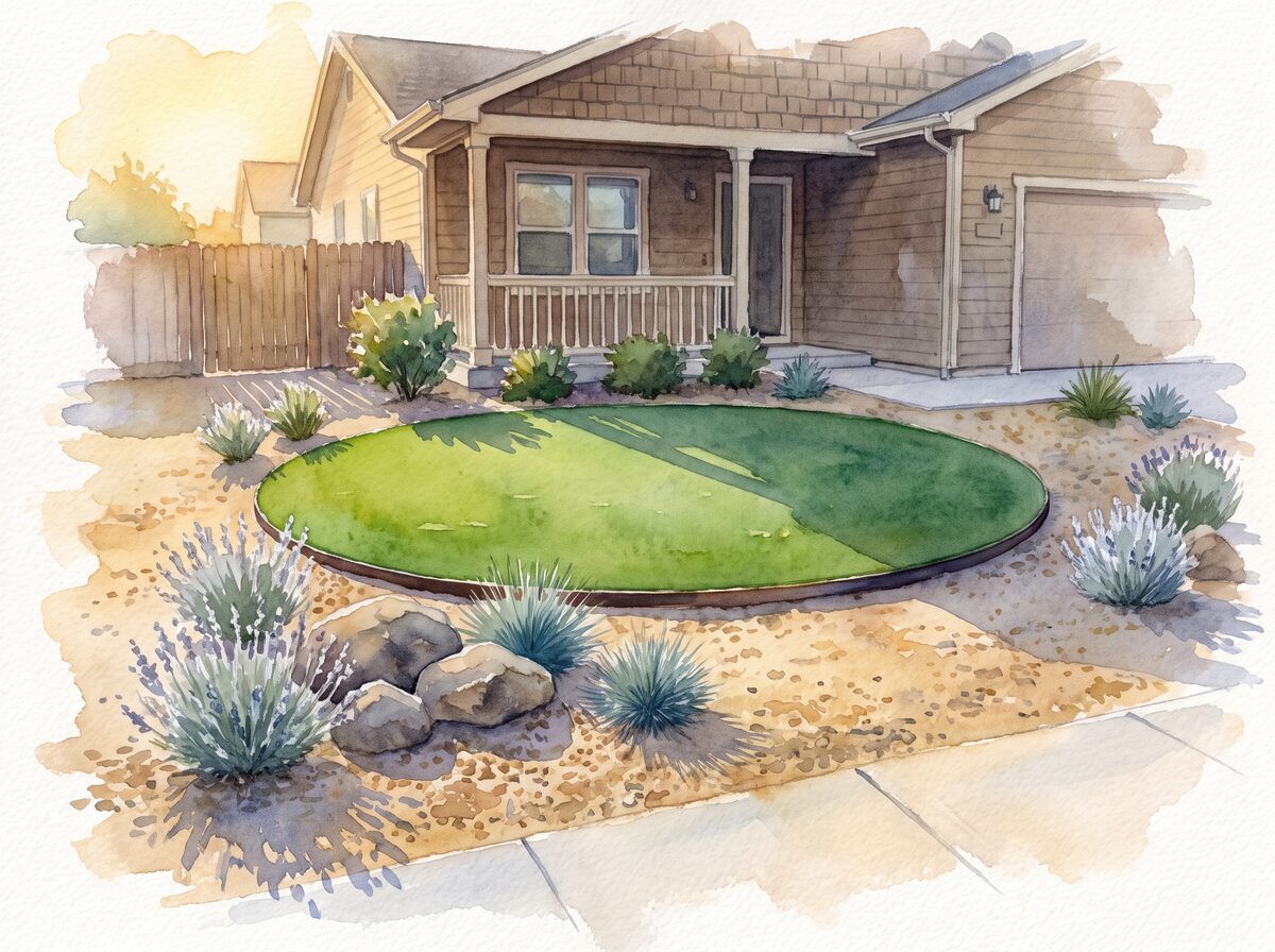 The kept lawn oval xeriscape front yard